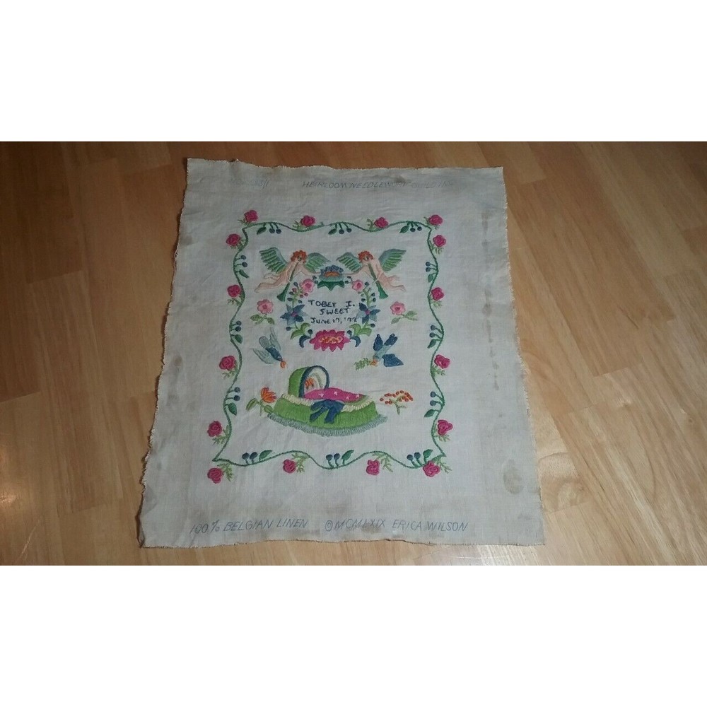 1969 Hand Embroidery by Erica Wilson Heirloom Needlework Baby theme Linen Panel
